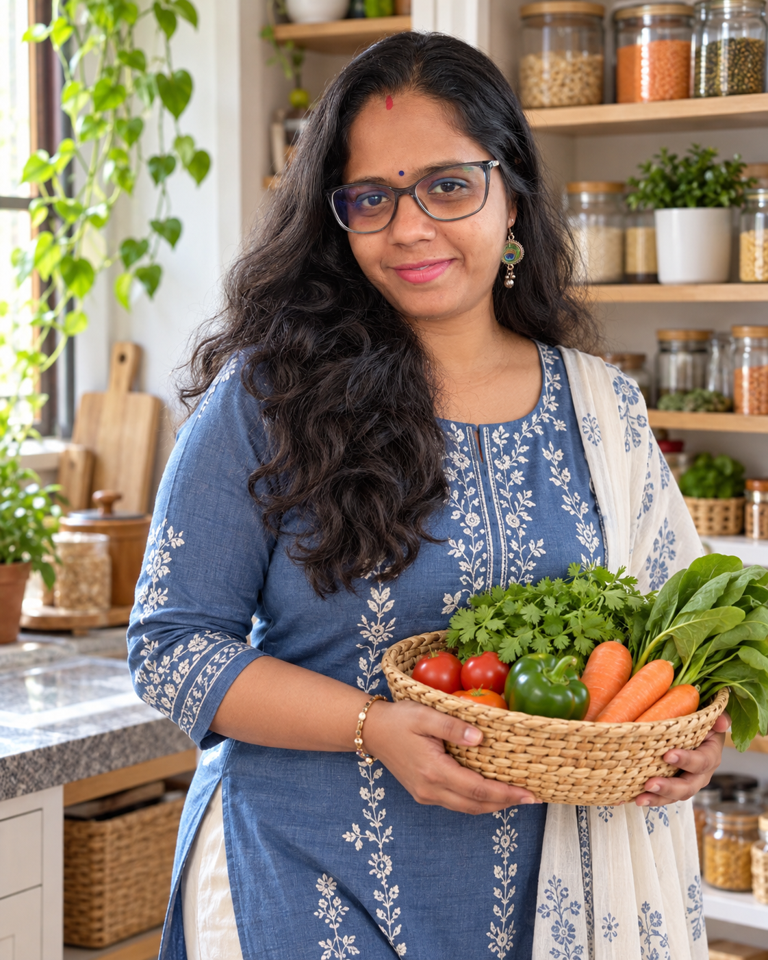 Rucha Shah, Kitchen Management Coach, in her pantry holding a basket of fresh vegetables.